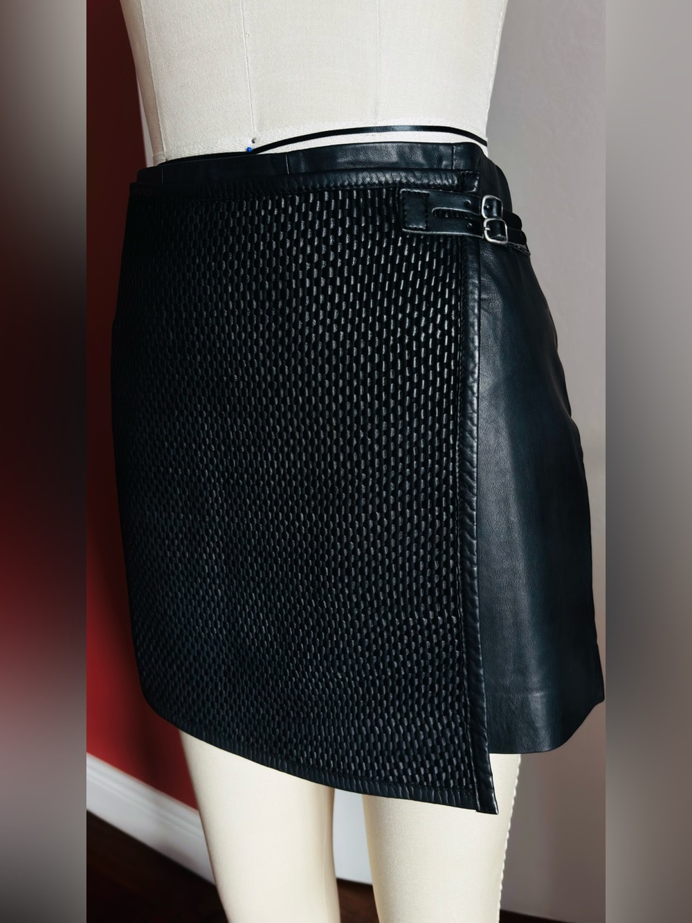 NWT - Andrew Marc Black Leather Mini Skirt with Woven Front Panel
